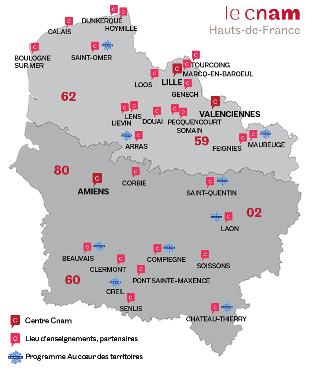 Carte des lieux de formation en alternance du Cnam HdF et ses partenaires